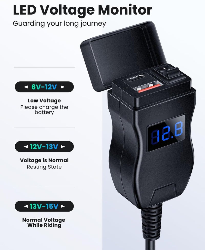 Randpow Motorcycle USB Charger(38W), 6.4A USB Type C 2-in-1 Motorcycle Phone Charger Port, SAE to USB Adapter with ON/Off Switch and LED Voltage Monitor, Suitable for Dirt Bike, ATV (Blue) - Image 4